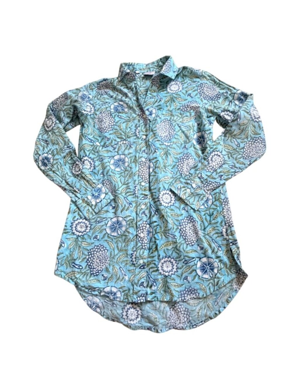 Pacific & Rose Womens Floral Button Front Blouse-Roll Tab Sleeves-Blue-M-GUC